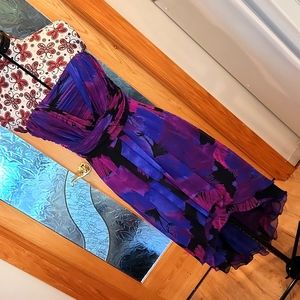 Sheer Floral Purple and Blue Strapless Semi-Formal hi-lo midi dress